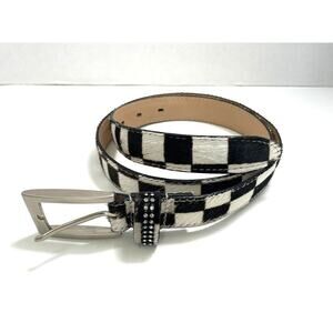 Alaluna Women's Black/White Calf Hair Leather Belt Rhinestone Loop Small/Medium